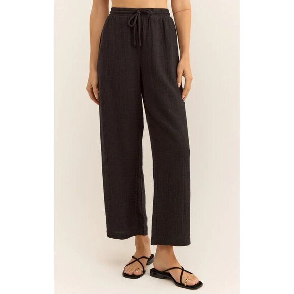 Black High-Waisted Wide-Leg Pants With Drawstring Waist & Pockets - Picture 2 of 8